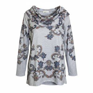 Cactus & Pear Floral Cowl Neck Long Sleeve Tunic Top with Beaded Embellishments